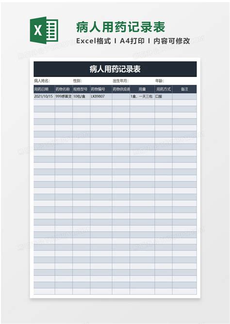 实用病人用药记录表Excel模板下载_熊猫办公
