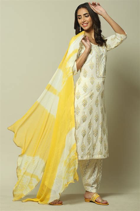Off White Cotton Printed Unstitched Suit Set