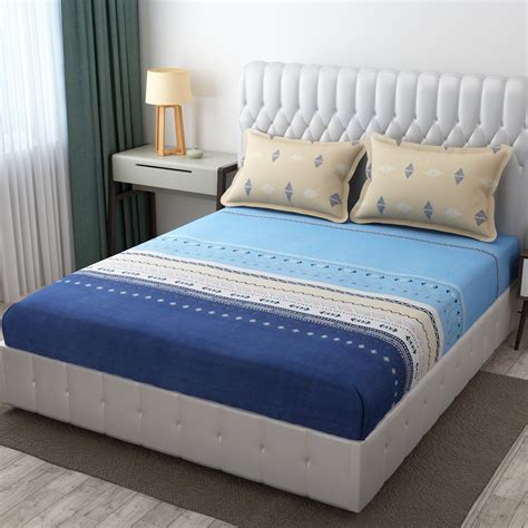 Blue Geometric Printed Fitted King Bedsheet with 2 Pillow Covers – Home ...