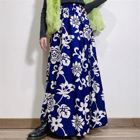 70s navy and white flower printed cotton long skirt | LEMON