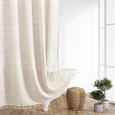 Boho Farmhouse Shower Curtain Beige Linen Shower Curtains 72 x 84 inch ...