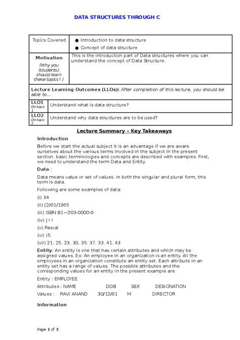 Introduction to data structure - Lecture Learning Outcomes (LLOs ...