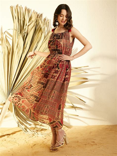 StyleStone Women's Brown Tie Up Dress with Tassels – Stylestone