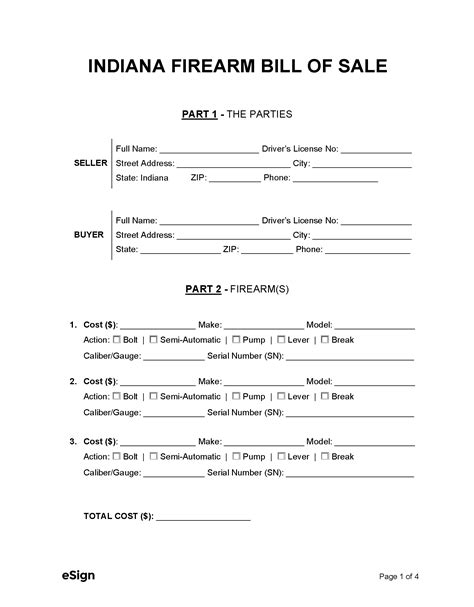 Free Indiana Firearm Bill of Sale Form | PDF | Word