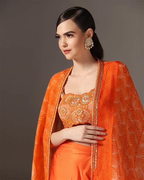 Orange Raw Silk & Organza Draped Skirt Set – Yashodhara