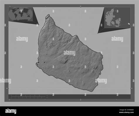 Bornholm, island of Denmark. Bilevel elevation map with lakes and rivers. Locations of major ...