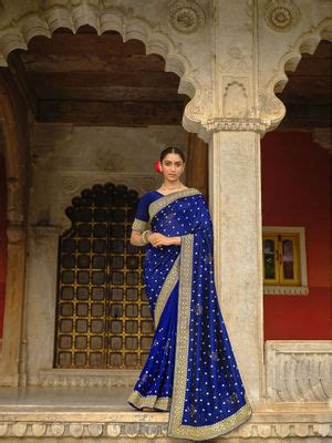 Buy Odette Dark Blue Vichitra Embroidered Saree with Unstitched Blouse ...