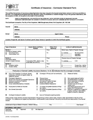 Fillable Online Certificate of Insurance Contractor Standard Form Fax ...