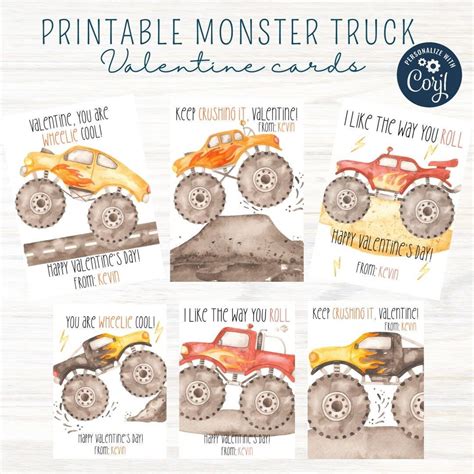 Editable Monster Truck Valentine Cards,boy Valentines,kids Valentine ...