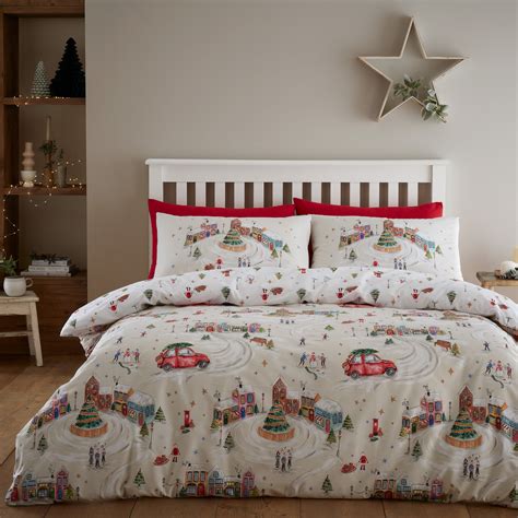 Natural Catherine Lansfield Christmas Town Reversible Duvet Cover ...
