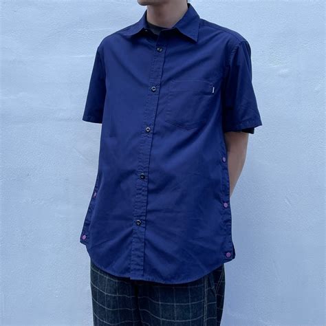 “stussy” 90’s navy poly\cotton snap botan design S/S shirt made in U.S ...