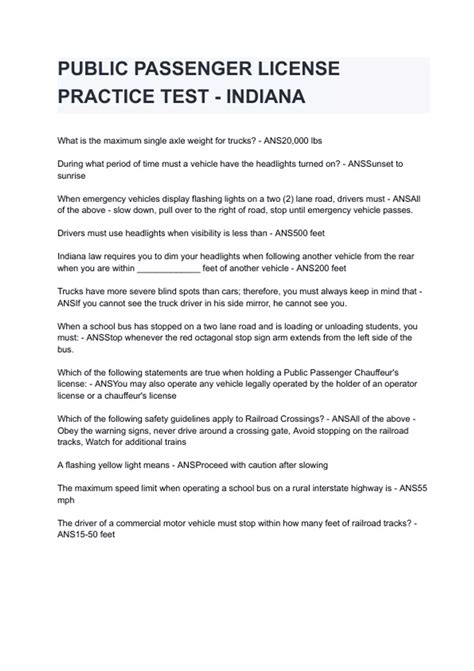 PUBLIC PASSENGER LICENSE PRACTICE TEST - INDIANA questions and answers ...