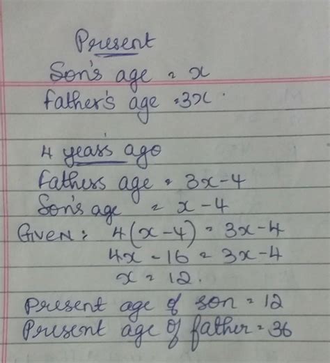 Father’s age is three times his son’s age. Four years ago, he was 4 ...