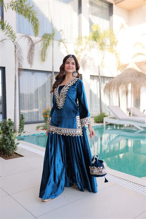 Teal Blue Ice Velvet Zari & Mirror Work Top with Flared Palazzo Set ...