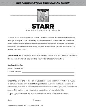 Fillable Online starr msu RECOMMENDATION APPLICATION SHEET Fax Email ...