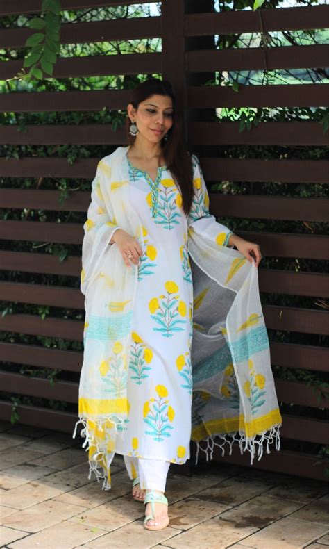 Cotton Handblock White & Yellow Mughal Print Suit Set with Kota Doria ...
