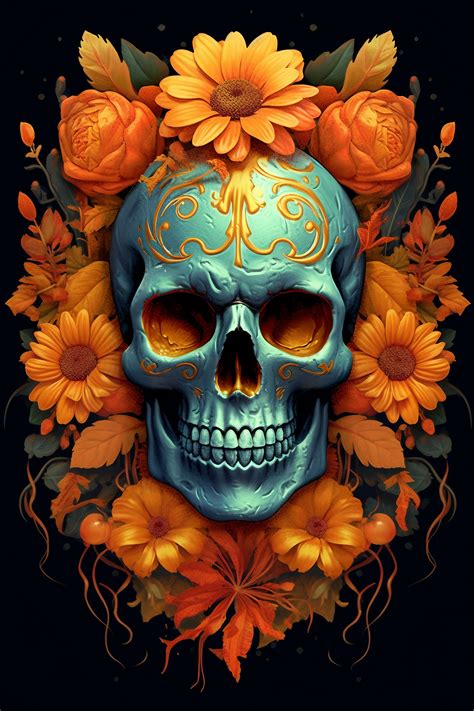 Colorful Skull with Calendula and other Beautiful Flowers | Sugar skull ...