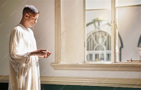 Premium Photo | Muslim prayer or man in a mosque praying to allah for spiritual mindfulness ...