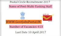 Postal Circle Recruitment 2017– 413 Multi-Tasking Staff