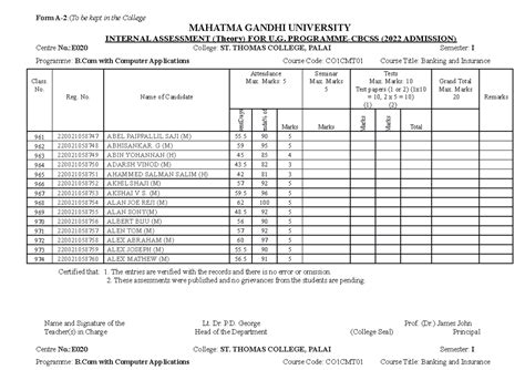 Banking and Insurance - Yes - Form A-2:(To be kept in the College ...