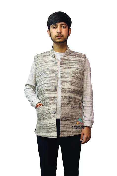 Pure sheep wool kullu patti nehru jacket white & grey | kullucap.in