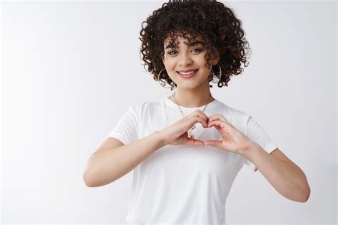 Girl spread love lovely happy alluring curlyhaired brunette female show ...
