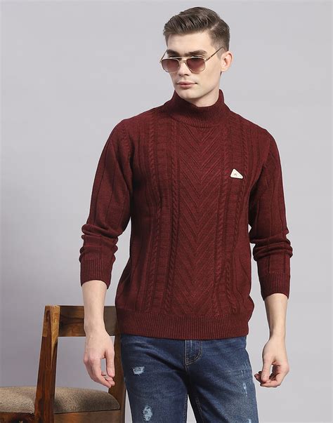 Buy Men Maroon Solid T Neck Full Sleeve Pullover Online in India ...