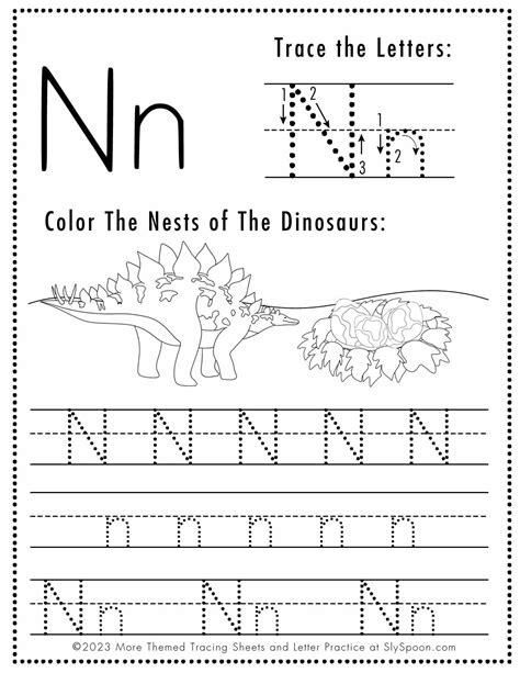 Free Letter N Tracing Worksheet (Printable) Dinosaur Themed - Sly Spoon