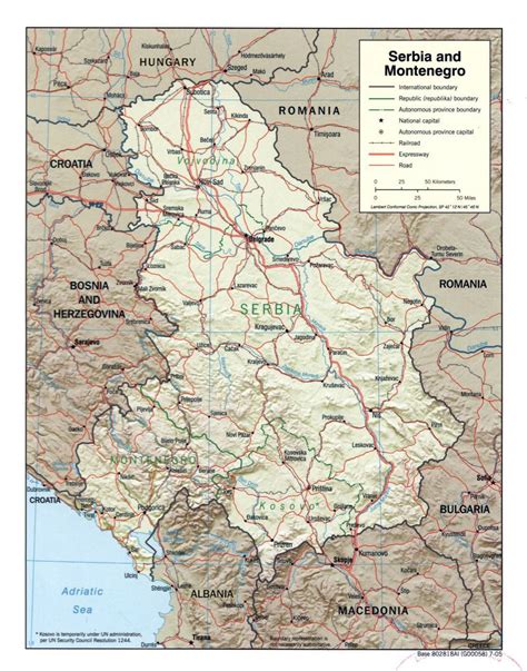 Large political map of Serbia and Montenegro with relief - 2005 ...