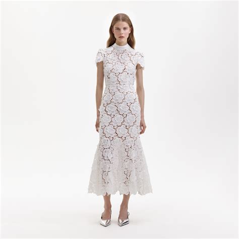 White Flower Lace Midi Dress - self-portrait-US