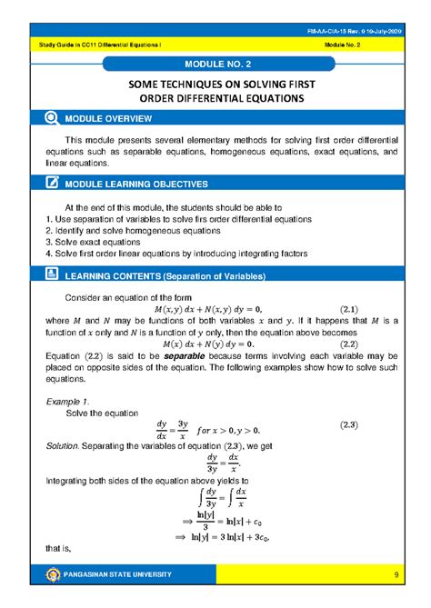 CC11 Differential Equations I Study Guide: Module 2 Techniques for ...