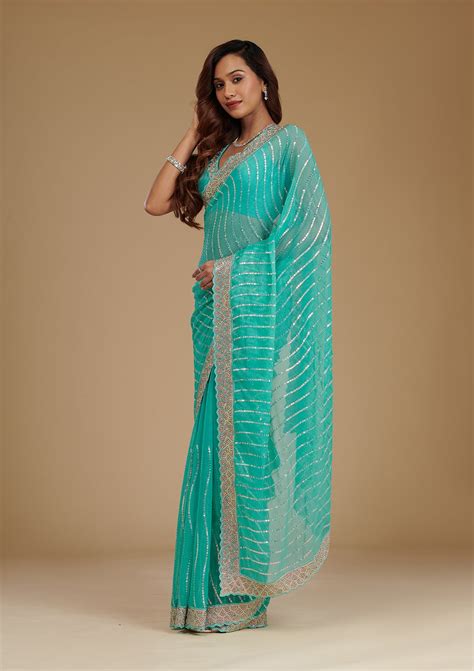Buy Turquoise Blue Stonework Chiffon Saree - Koskii