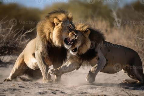 Two strong male lions fighting created with technology. 23772423 Stock ...