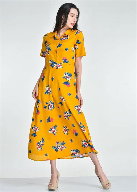 Get Shirt Collar Floral Yellow Maxi Dress at ₹ 1299 | LBB Shop