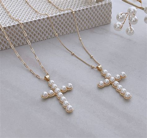 Cross Necklace, Cross Pearl Necklace, Pearl Necklace, 18k Gold Cross ...