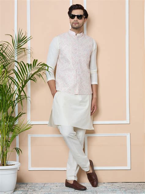 White Embroidered Nehru Jacket with Solid Kurta-Pyjama (3 Piece Set ...