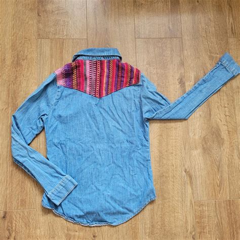 Topshop denim shirt with tapestry on shoulders.... - Depop