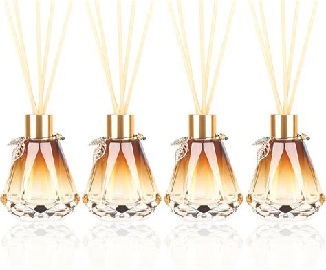 Reed Diffuser Bottle Set, 4 Refillable Glass Bottles with Gold Leaf Detail – Diamond Design with ...