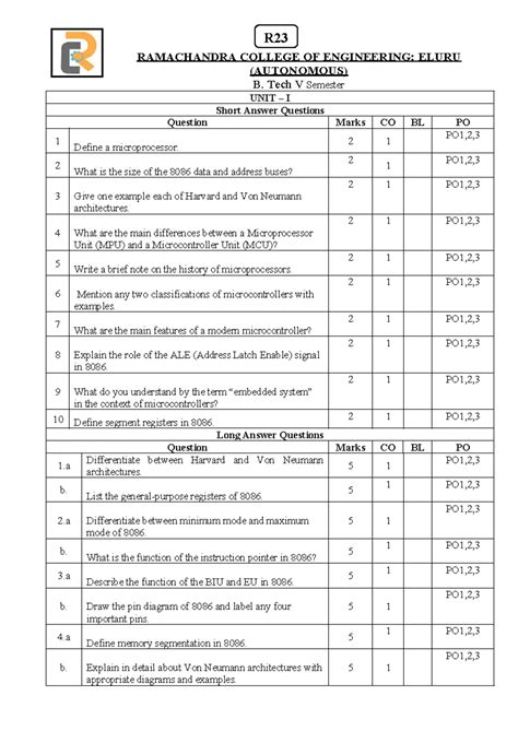 MPMC-B.TECH V Sem Microprocessor Question Bank: Short & Long Answers ...