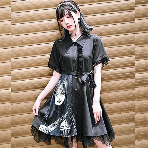 サブカル 服 地雷系 通販 チャイナ風服 チャイナ風服 古怪舎 闇かわいい サブカル服 ワンピ 伊藤潤二 富江イラスト シャツワンピ レース ...
