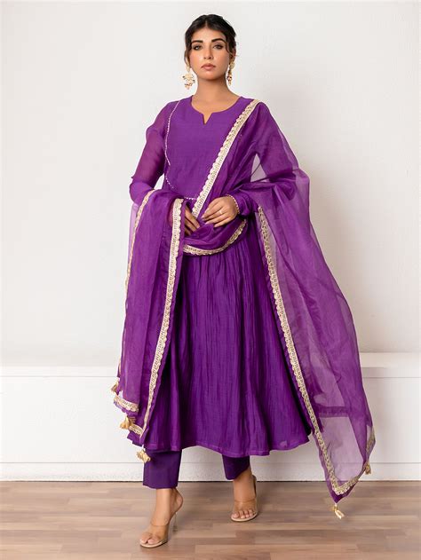 Purple Lace Work Chanderi Suit - Set of 3