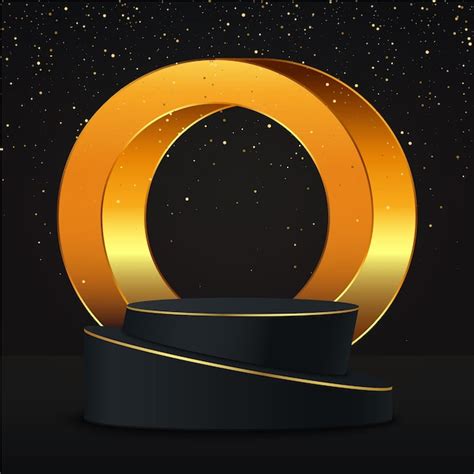 Black and gold podium with golden circle and gold glitters on black ...
