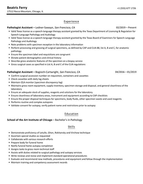 Pathologist Assistant Resume Samples | Velvet Jobs