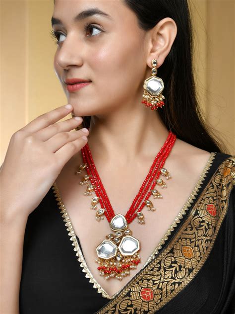 Long Layered Handcrafted Kundan With Pearl Jewellery With Earrings for ...