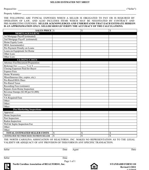Seller Net Sheet Template