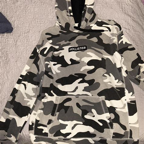 large mens Hollister black and white camo hoodie,... - Depop