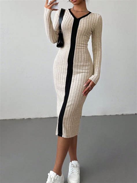 Women's Long Sleeve V-Neck Color Block Ribbed Knit Midi Dress, Elegant ...