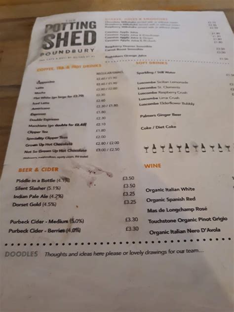 Menu at The Potting Shed cafe, Dorchester