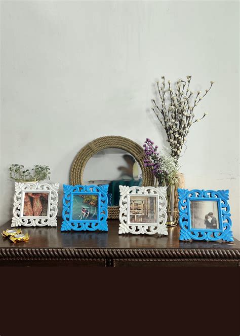 Get Set of 4 Table Top Wooden Carved Photo Frame in Dark Blue, White ...