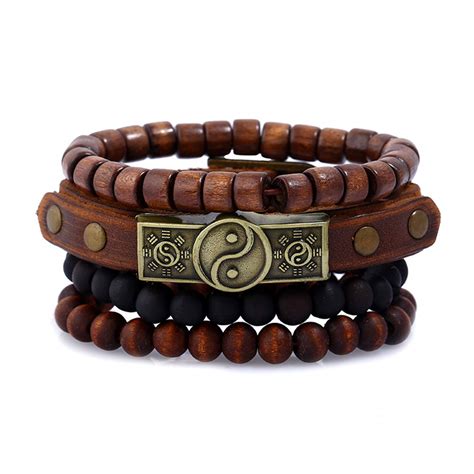 Buy Pangke 4Pcs Yin Yang Bracelet Taoist Symbol Taichi Yoga Leather ...